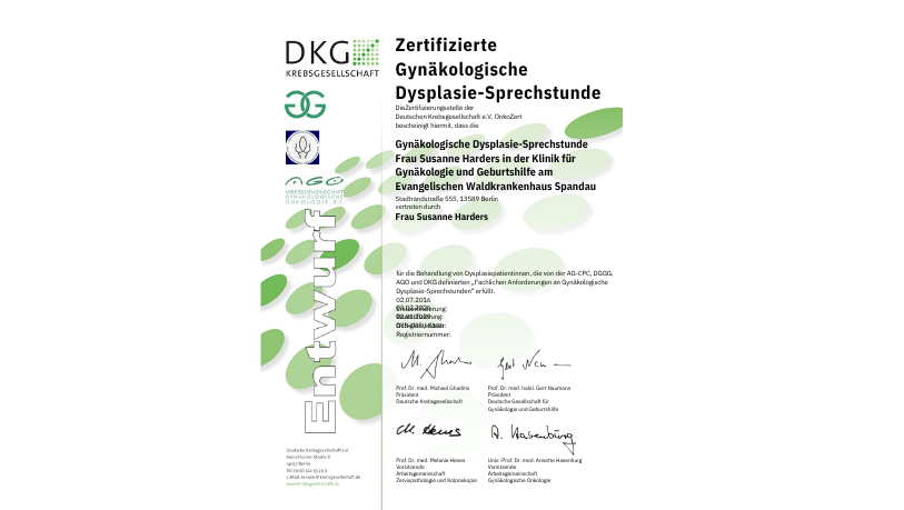 Zertifizierte Gynäkologische Dysplasie-Sprechstunde Zertifikat: Gynäkologische Dysplasie-Sprechstunde