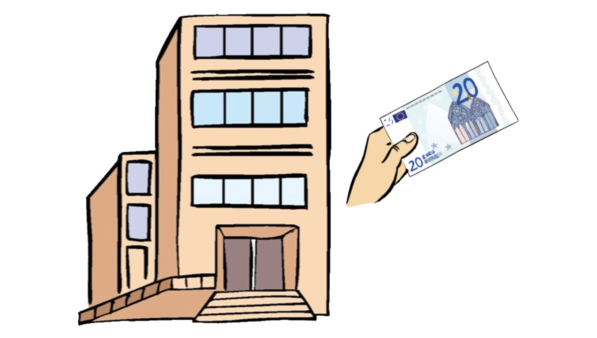 Grafik: Ein Hochhaus mit großem Eingangsbereich. Rechts davon eine Hand mit einem zwanzig Euro Geldschein.