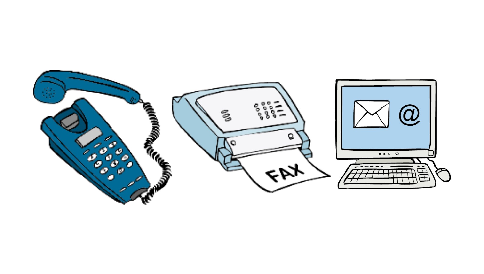 Grafik: Telefon, Faxgerät und ein Computer