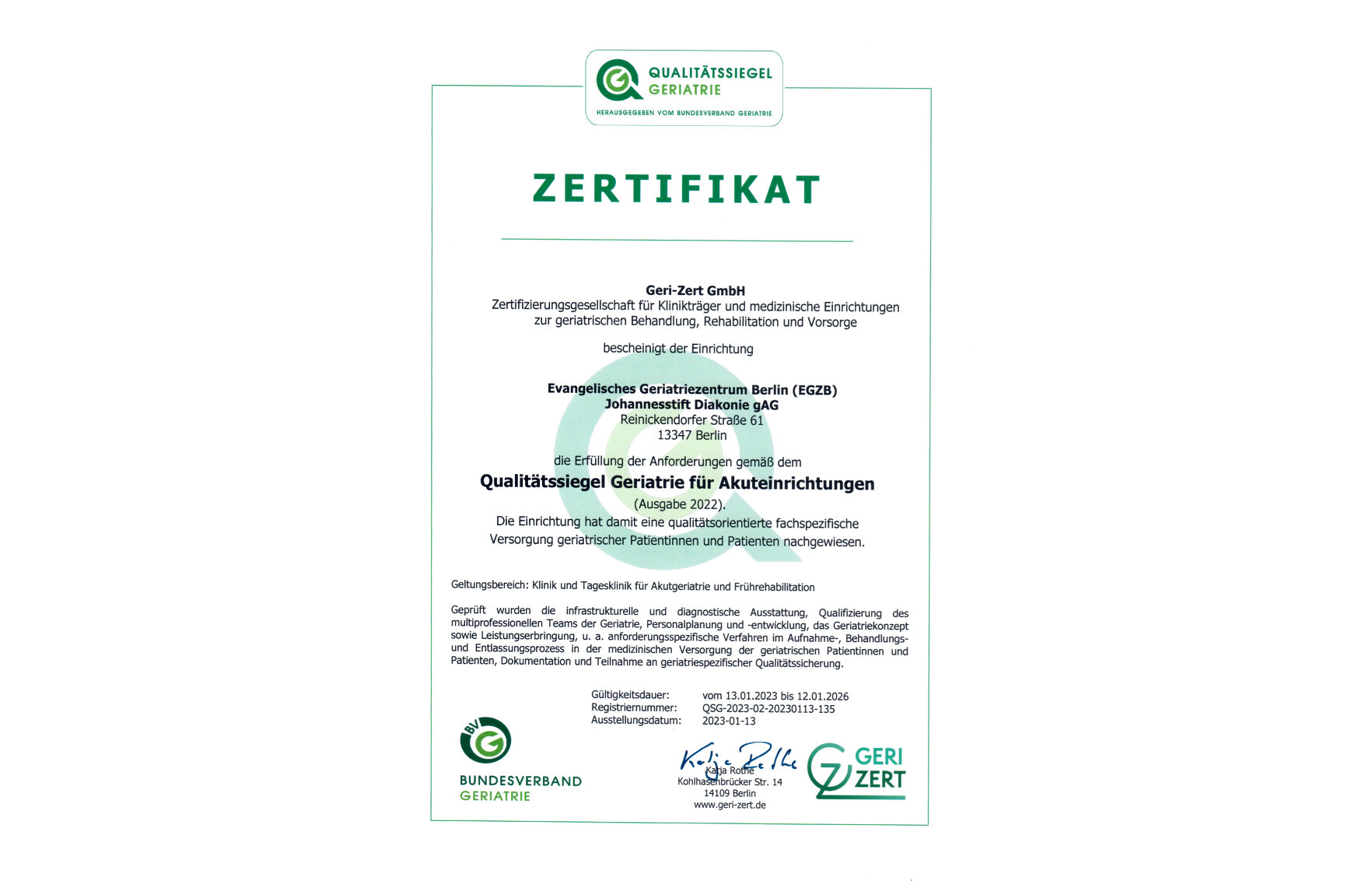 Zertifikat: Qualitätssiegel Geriatrie für Akutkliniken