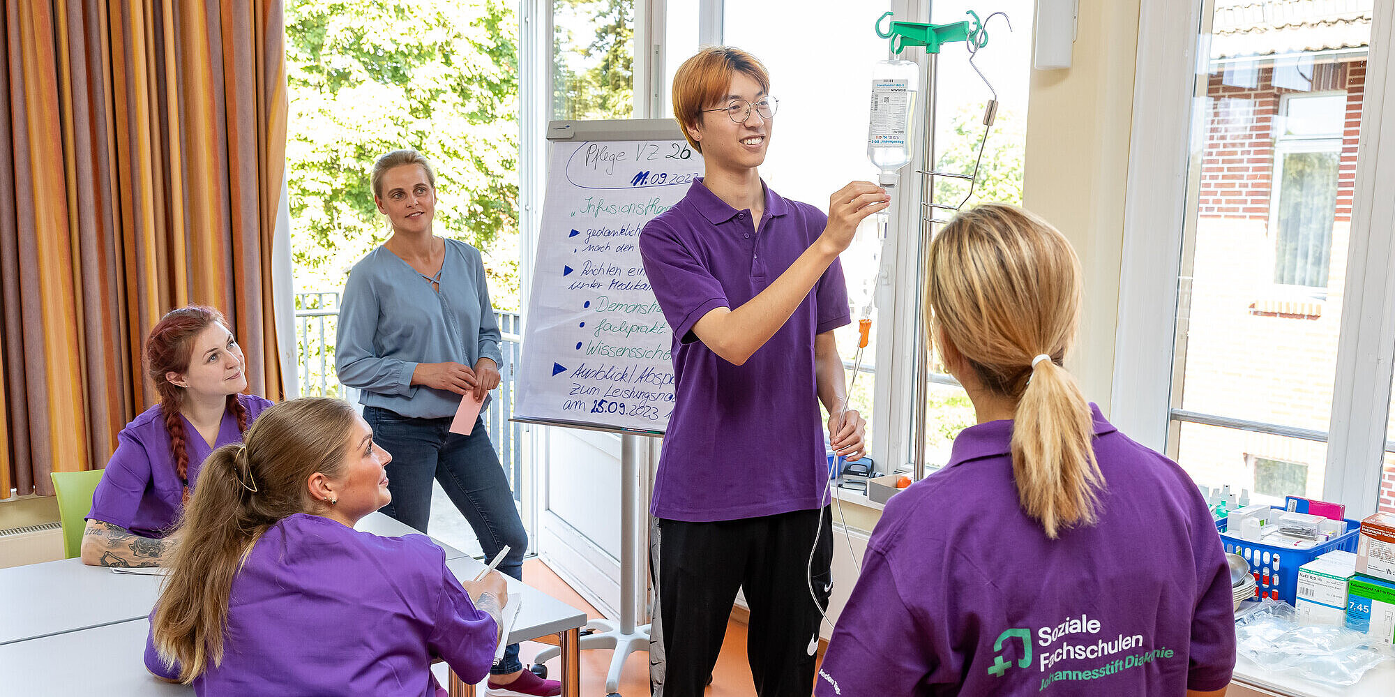 Pflegefachfrau*mann: Ein Beruf mit Relevanz und Entwicklungsmöglichkeit Schülerinnen und Lehrerin in einem Klassenzimmer