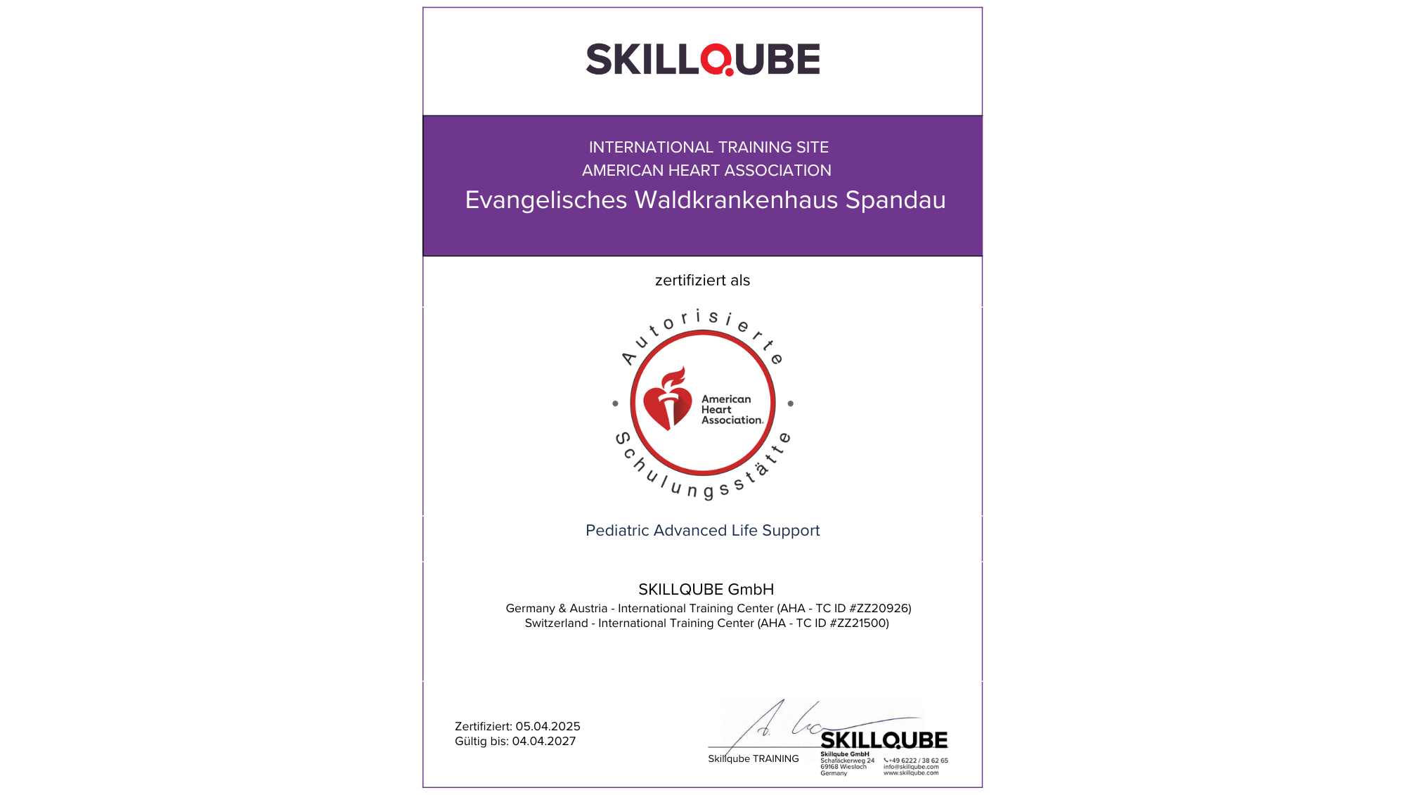 Schulungsstätte der American Heart Association Zertifikat: Schulungsstätte der American Heart Association