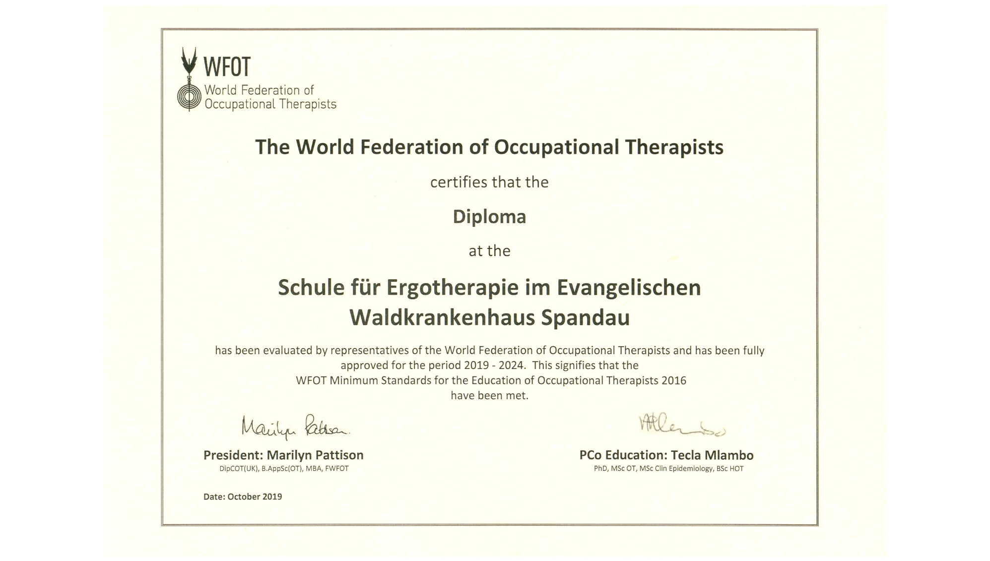 Zertifikat: World Federation of Occupational Therapists (WFOT)