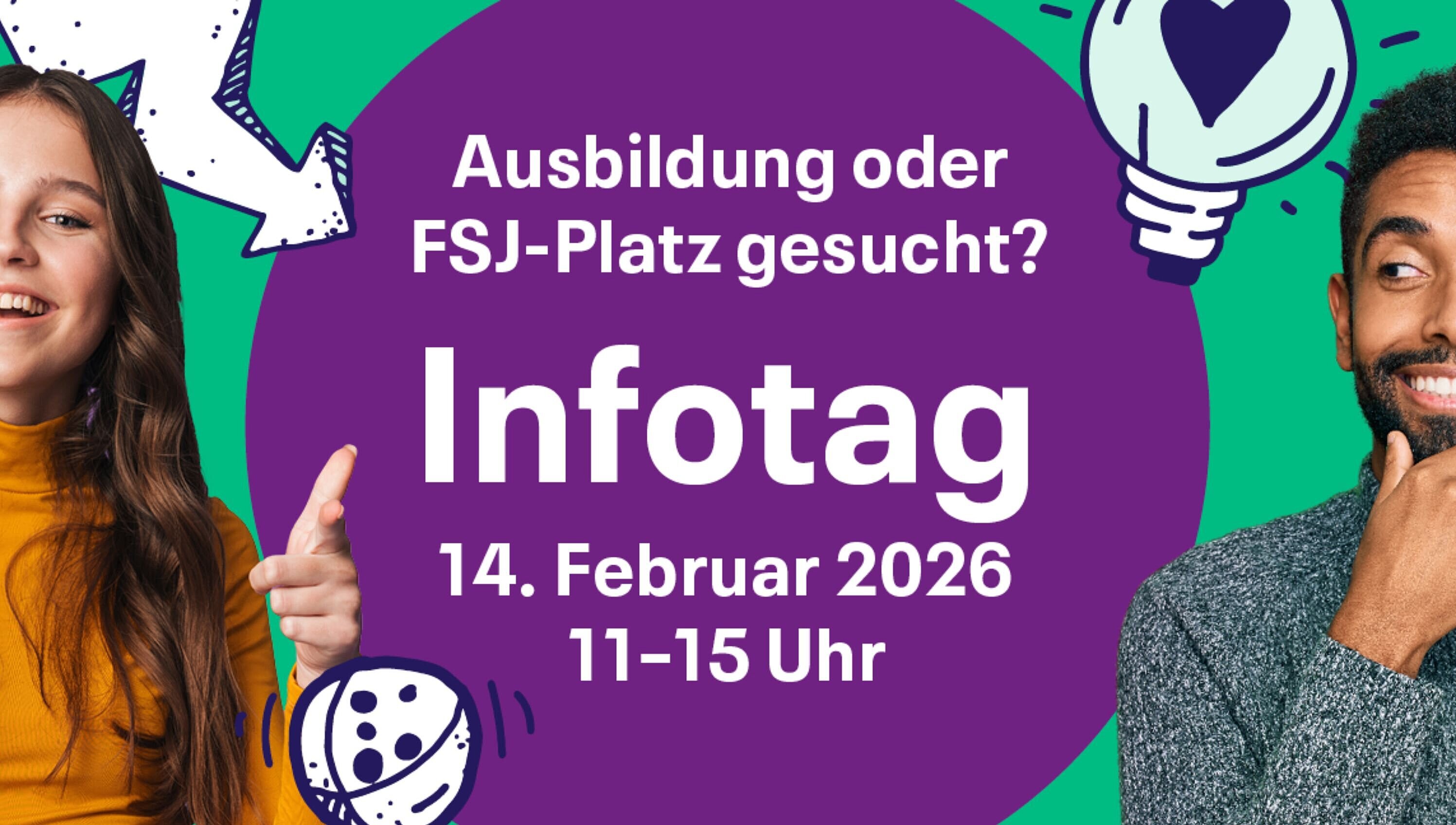 Azubi vor grünem Hintergrund, neben ihm stehen Angaben zum Infotag