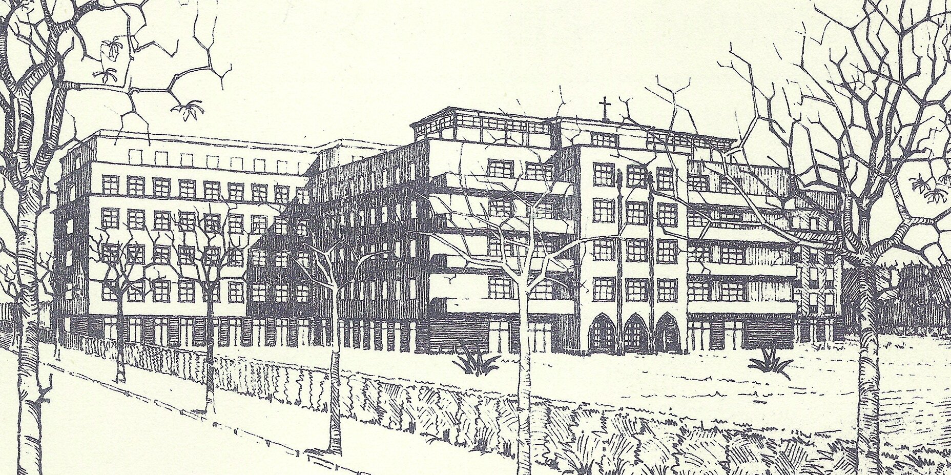 Ein alte Zeichnung des Martin Luther Krankenhauses.