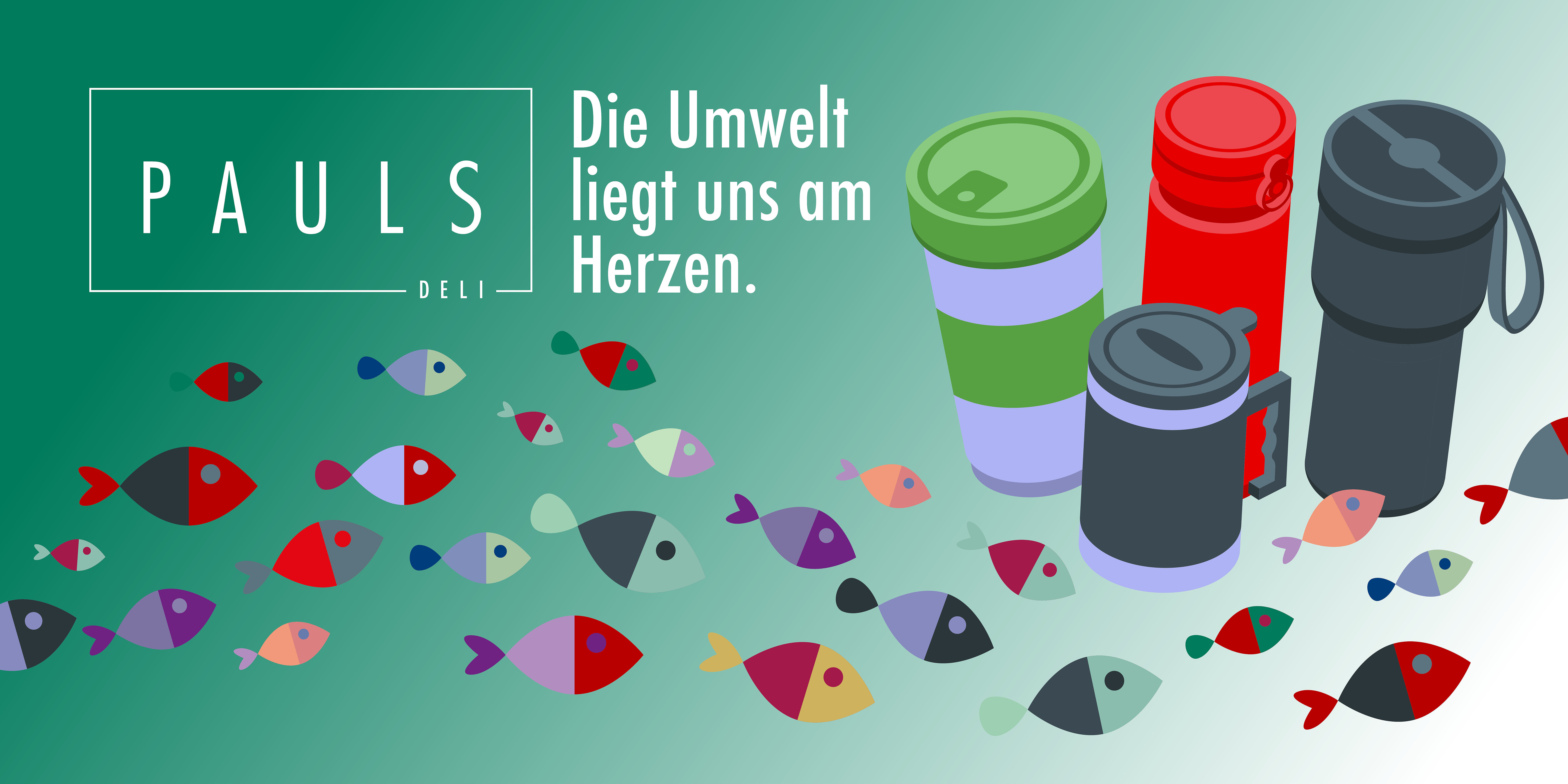 Mit eingesparten Einwegbechern Ozeane schützen Kaffeebecher auf grünem Hintergrund