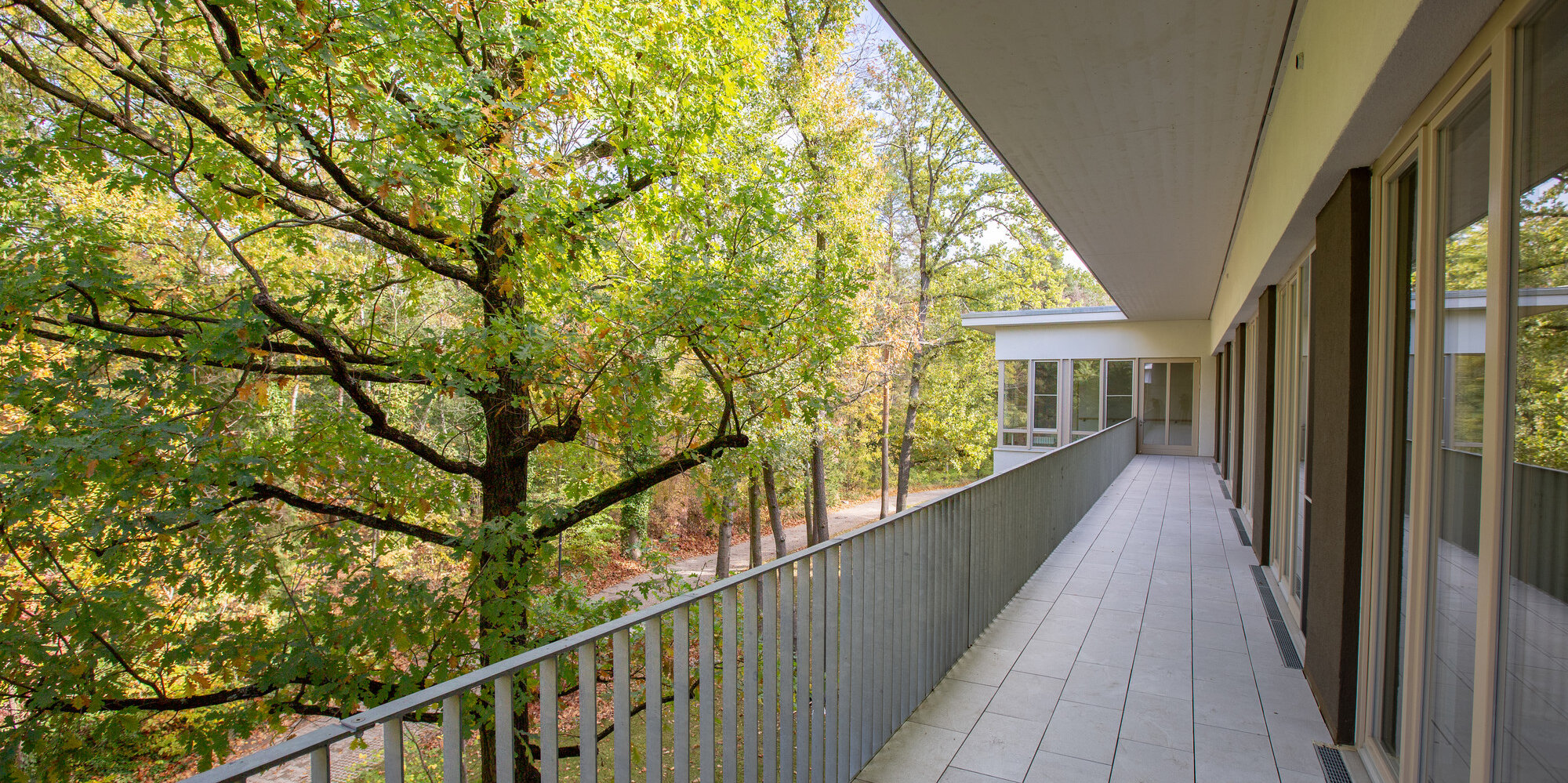 Aus den Ein- und Zweibettzimmern frei zugänglicher, durchgehender Balkon mit Blick ins Grüne