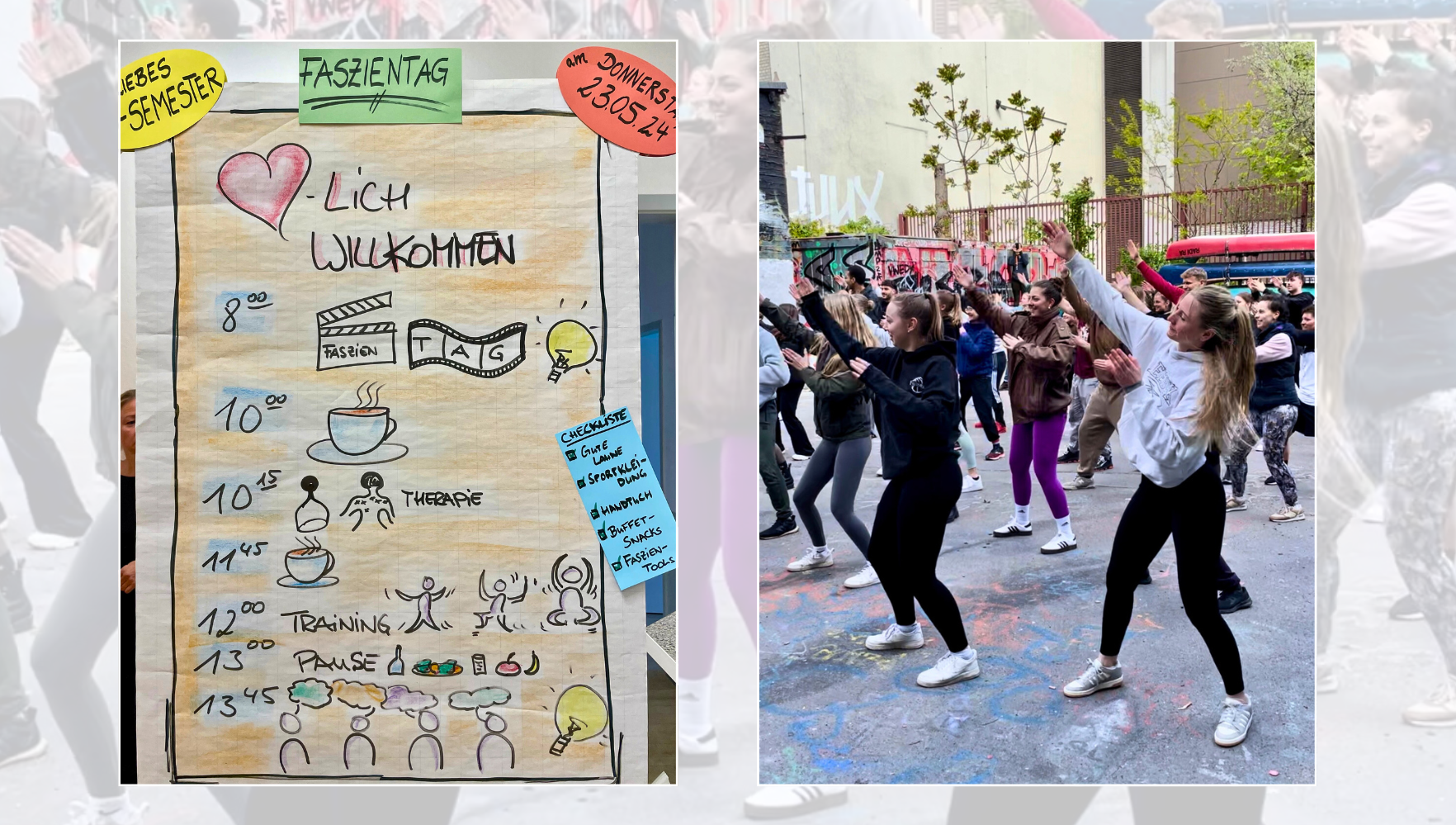 Bild von einem Plakat ist neben einem Bild tanzenden Schülerinnen angeordnet.