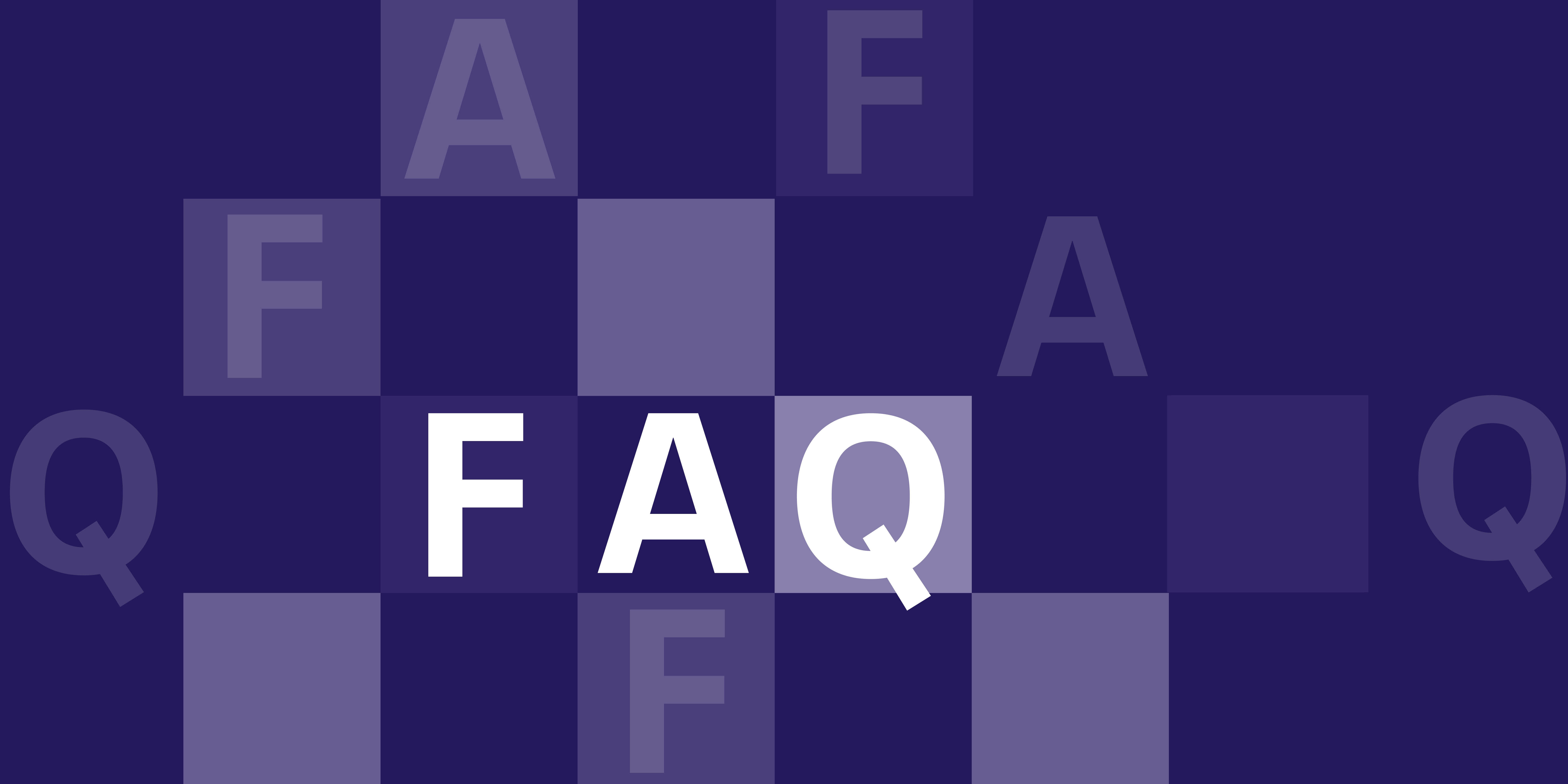Die Buchstaben F A Q auf lila Hintergrund.