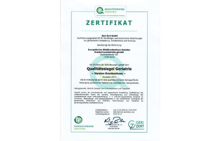 Zertifikat: Qualitätssiegel Geriatrie Zertifikat: Qualitätssiegel Geriatrie