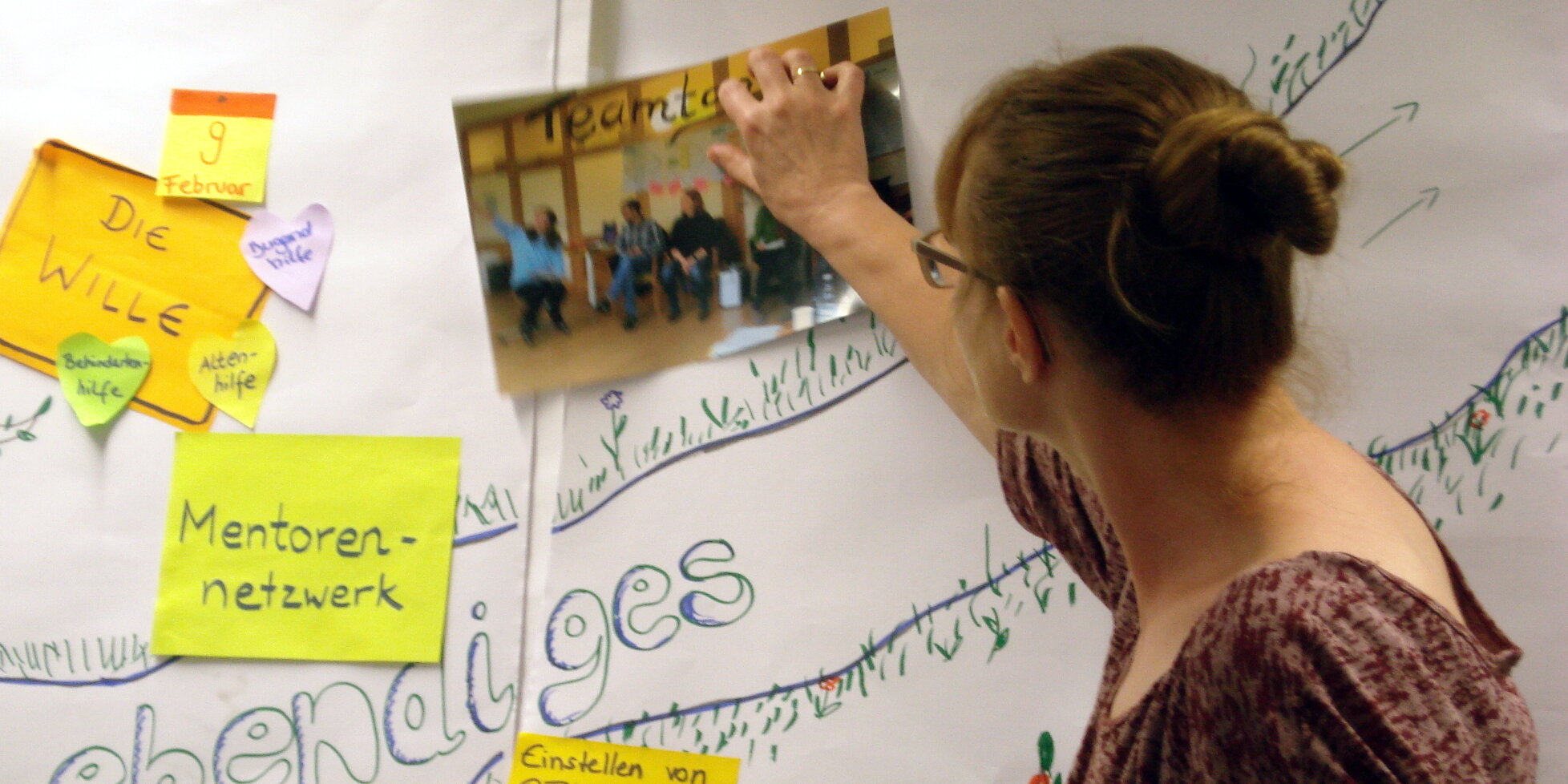 Eine Frau bringt ein Teamfoto an eine Papierfläche an. Um das Foto herum befinden sich mehrere beschriebene Haftnotizen.