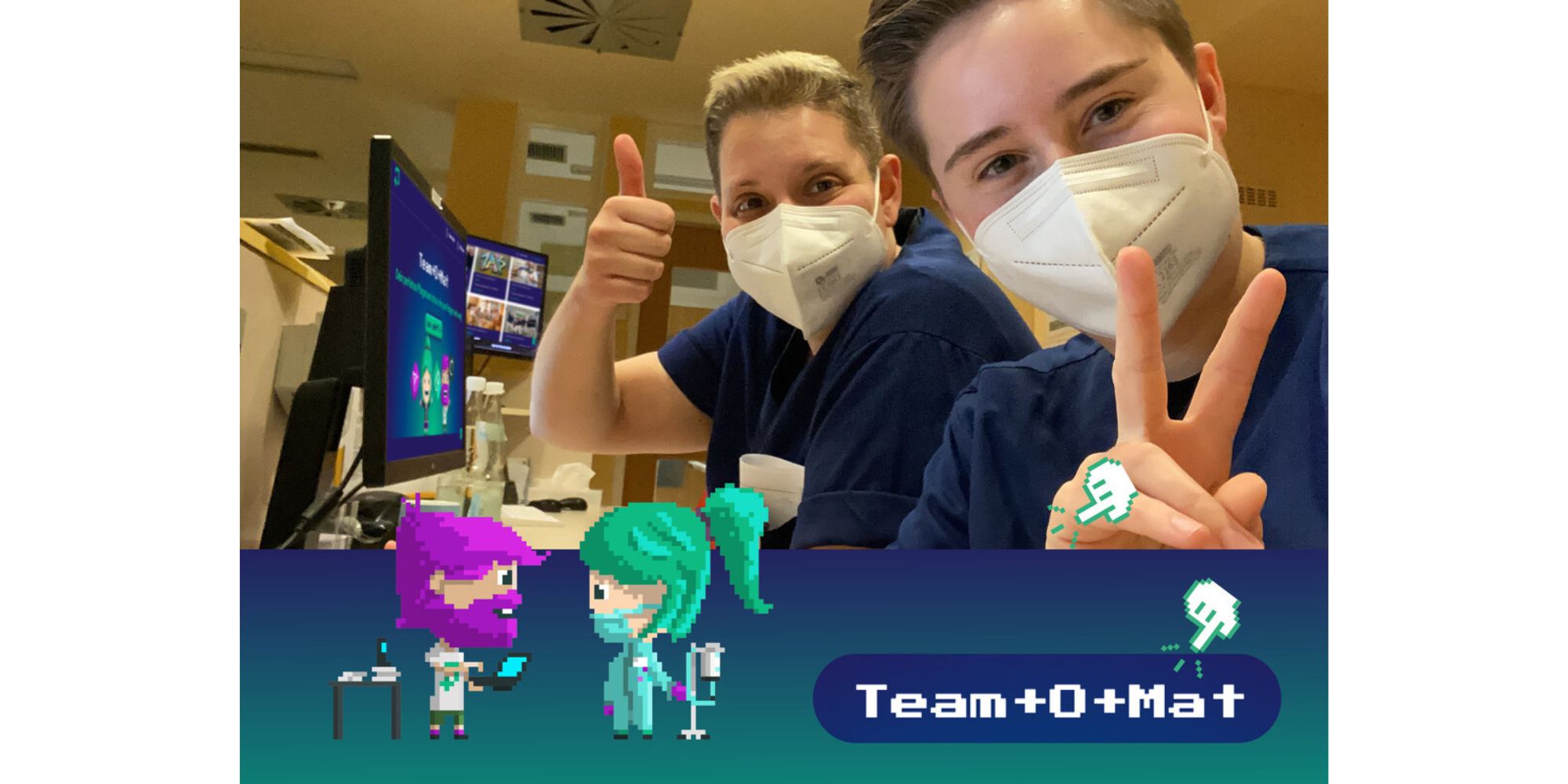 Zwei Pflegekräfte gucken in die Kamera. Im Bildvordergrund befinden sich die zwei animierten Figuren des Team-O-Mat.