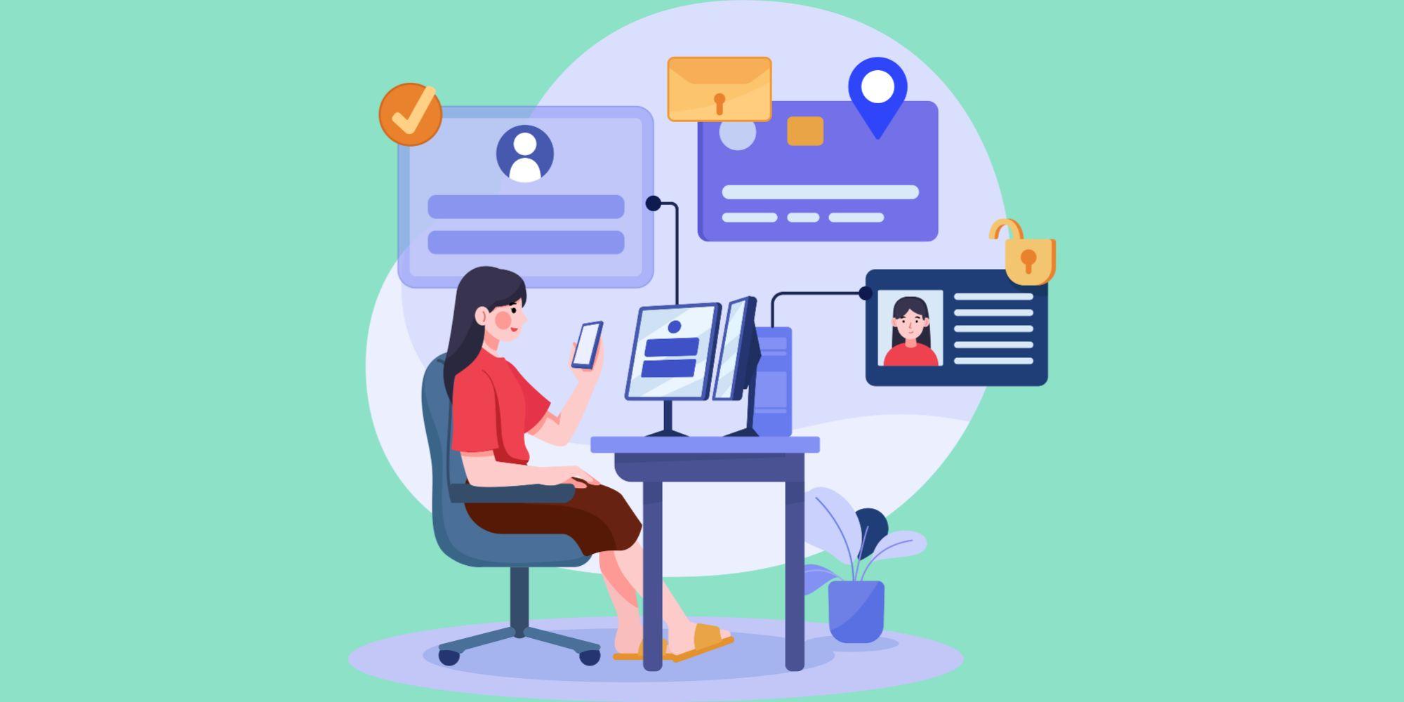 Grafik von einer Frau, die am PC sitzt. Um Sie herum schweben mehrere digitale Fenster mit Patienteninformationen.