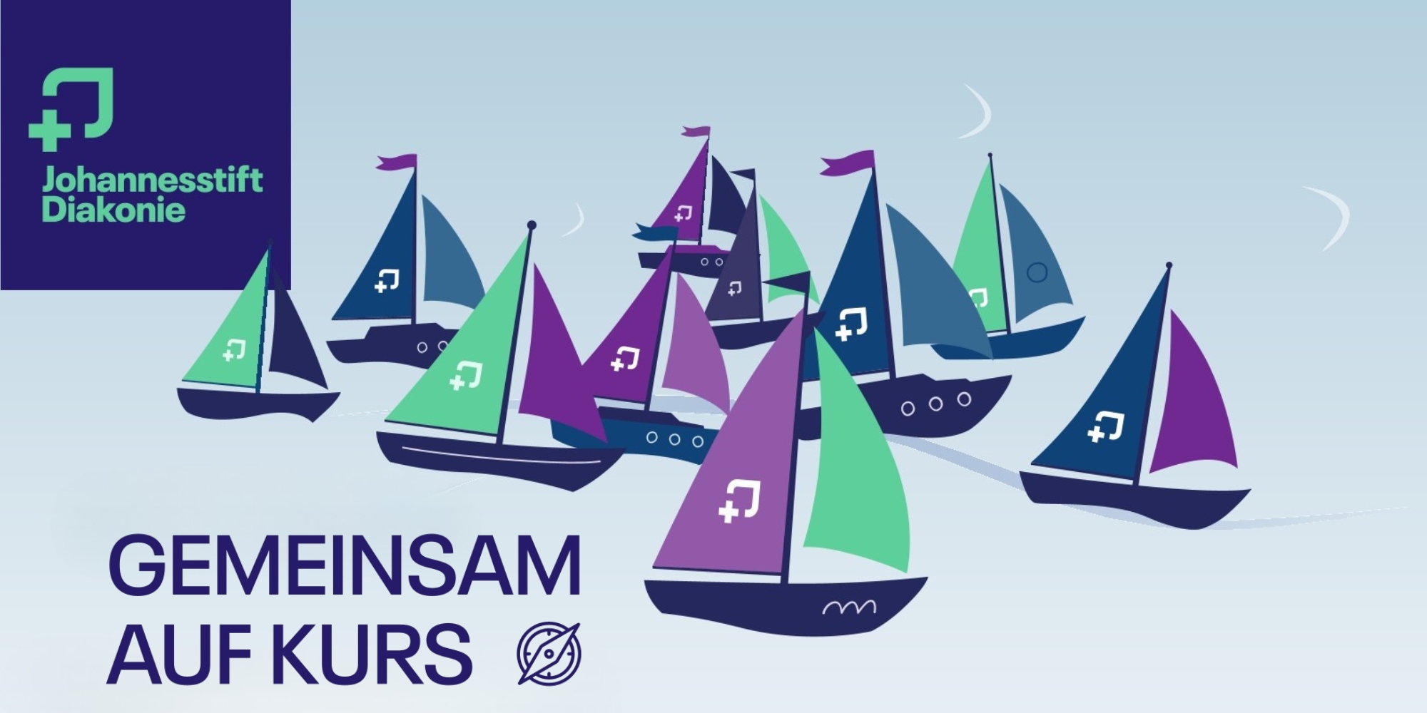Segelboote mit JSD-Logo und dazu der Schriftzug "Gemeinsam auf Kurs"
