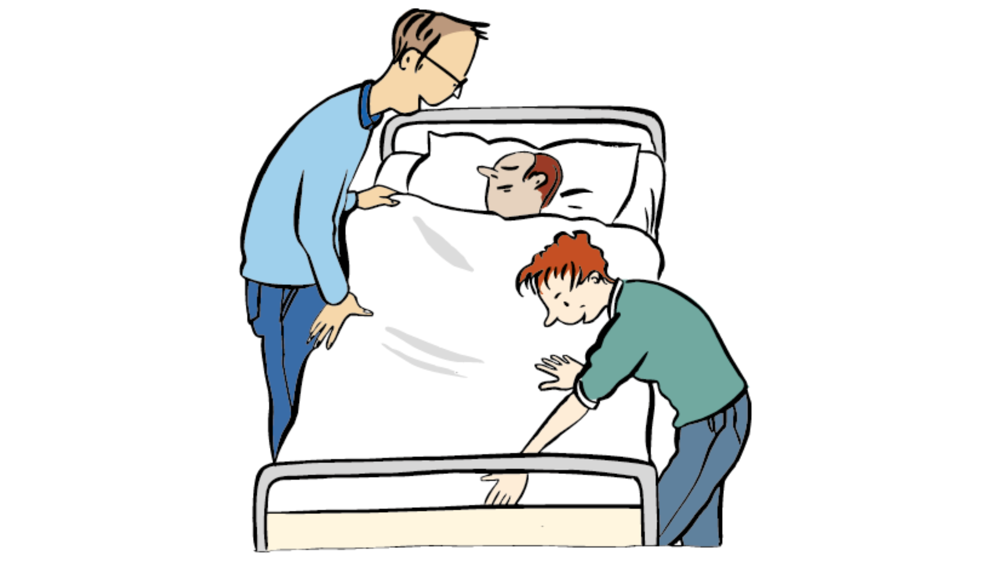 Grafik: Zwei Personen kümmern sich um eine im Bett liegende Person.