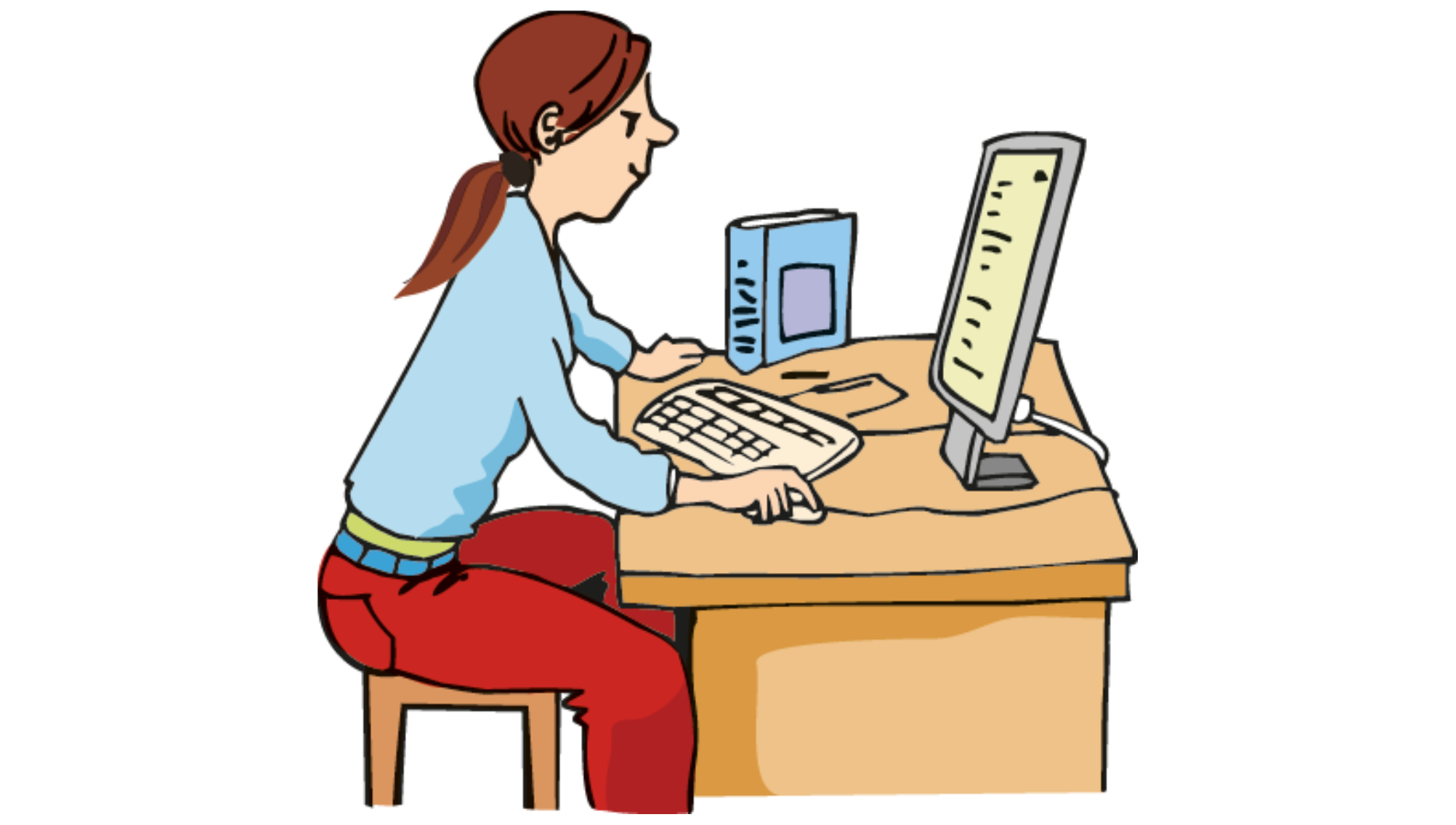 Grafik: Eine Frau sitzt auf einem Hocker an einem Schreibtisch und arbeitet an einem Computer.