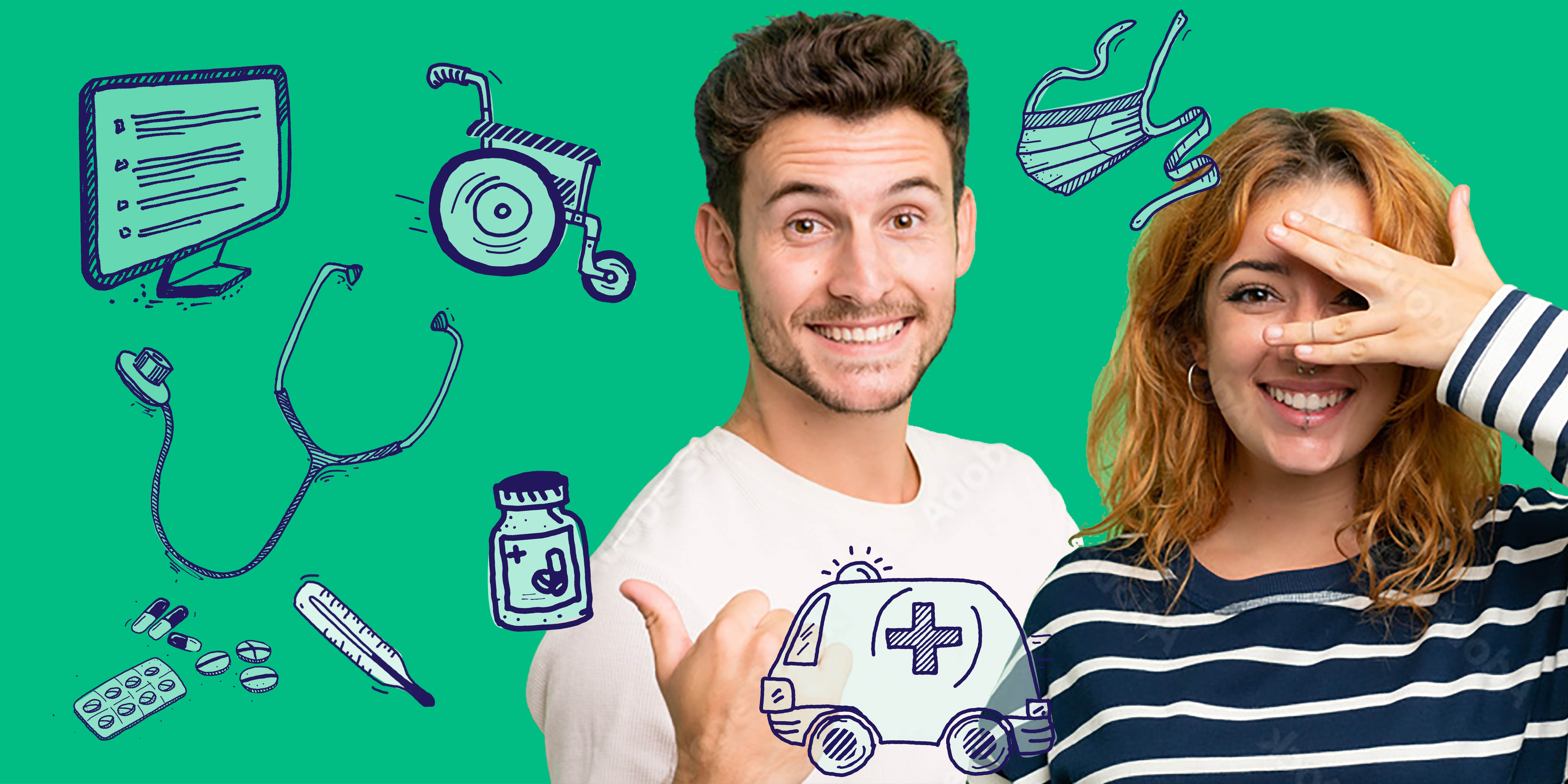 Ein Mann und eine Frau vor grünem Hintergrund und rundherum gezeichnete Gegenstände aus dem Pflegealltag