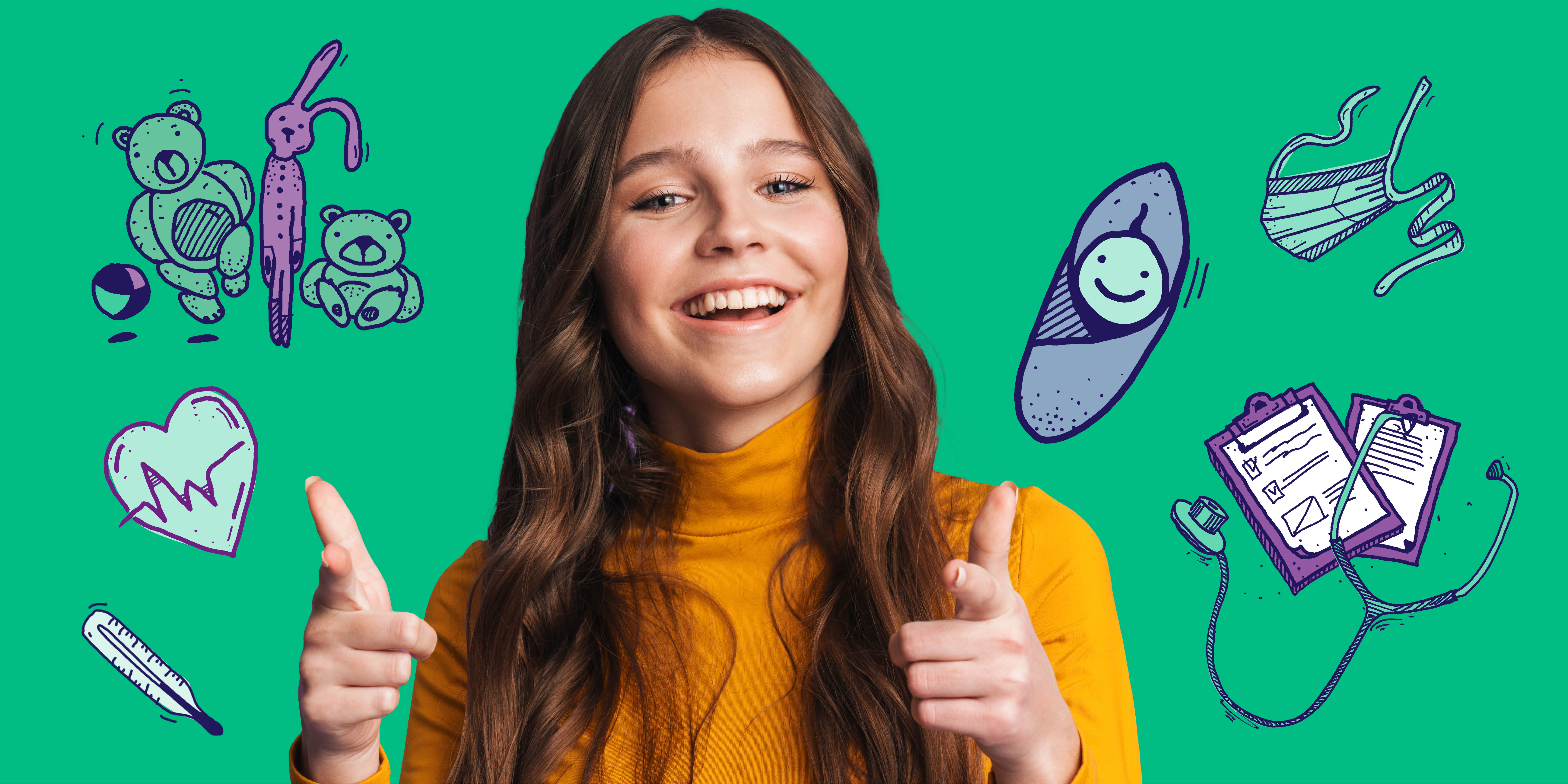 Studium Hebammenwissenschaft (B.Sc. Midwifery) Eine junge Frau vor grünem Hintergrund. Um sie herum gezeichnete Gegenstände aus dem Berufsalltag einer Hebamme.