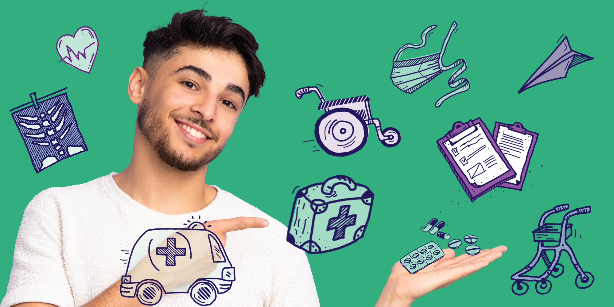 Ein junger Mann vor grünem Hintergrund und rundherum gezeichnete Gegenstände aus dem Pflegealltag