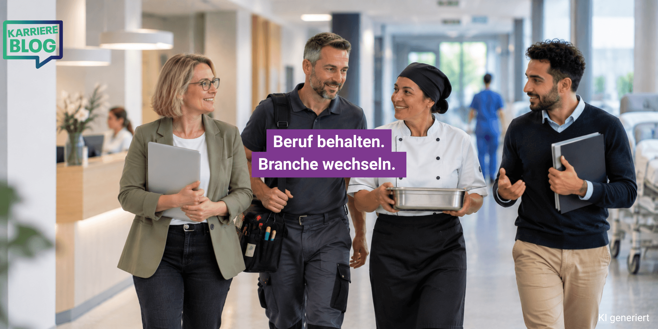 Fachkräfte aus IT, Technik, Gastronomie und Verwaltung arbeiten gemeinsam in einem Krankenhaus – Jobs im Gesundheitswesen ohne Pflege oder medizinische Ausbildung.