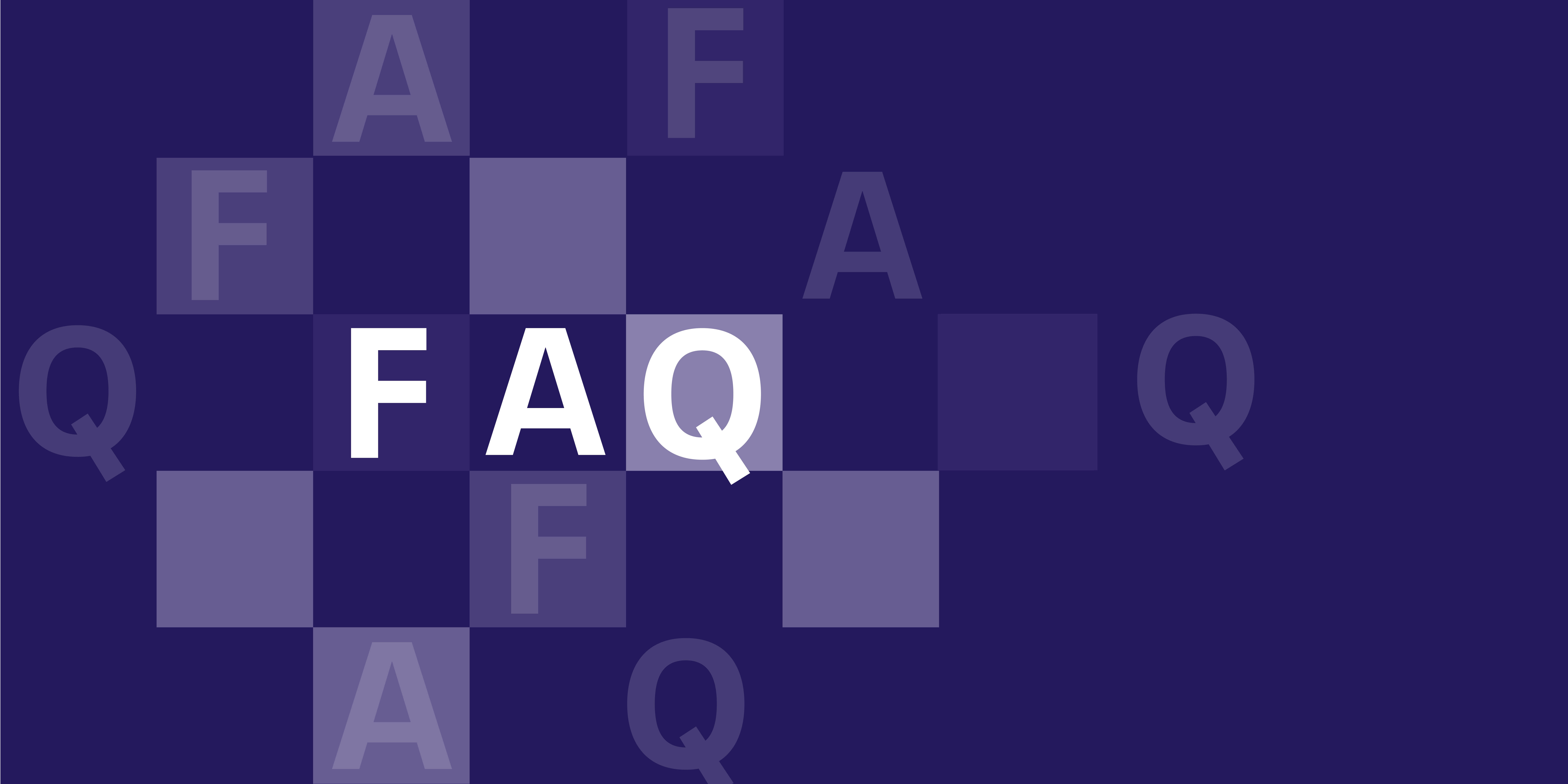 Die Buchstaben F A Q auf lila Hintergrund.