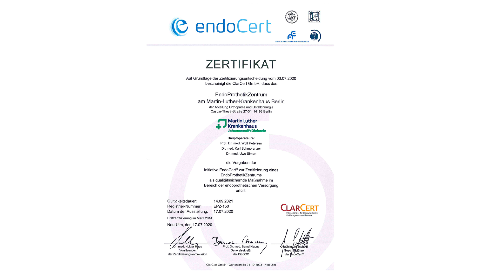 Zertifikat: Zertifiziertes Endoprothetikzentrum