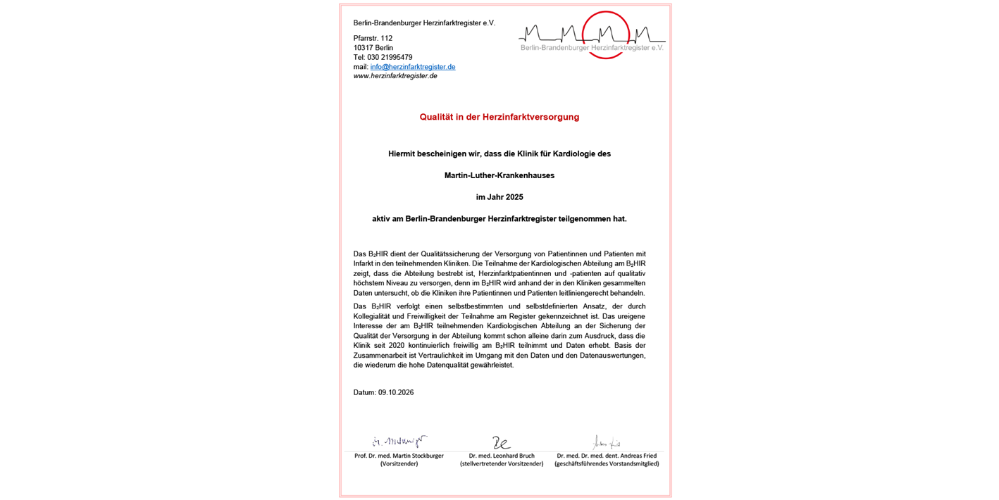 Zertifikat: Qualität in der Herzinfarktversorgung Zertifikatsurkunde Qualität in der Herzinfarktversorgung
