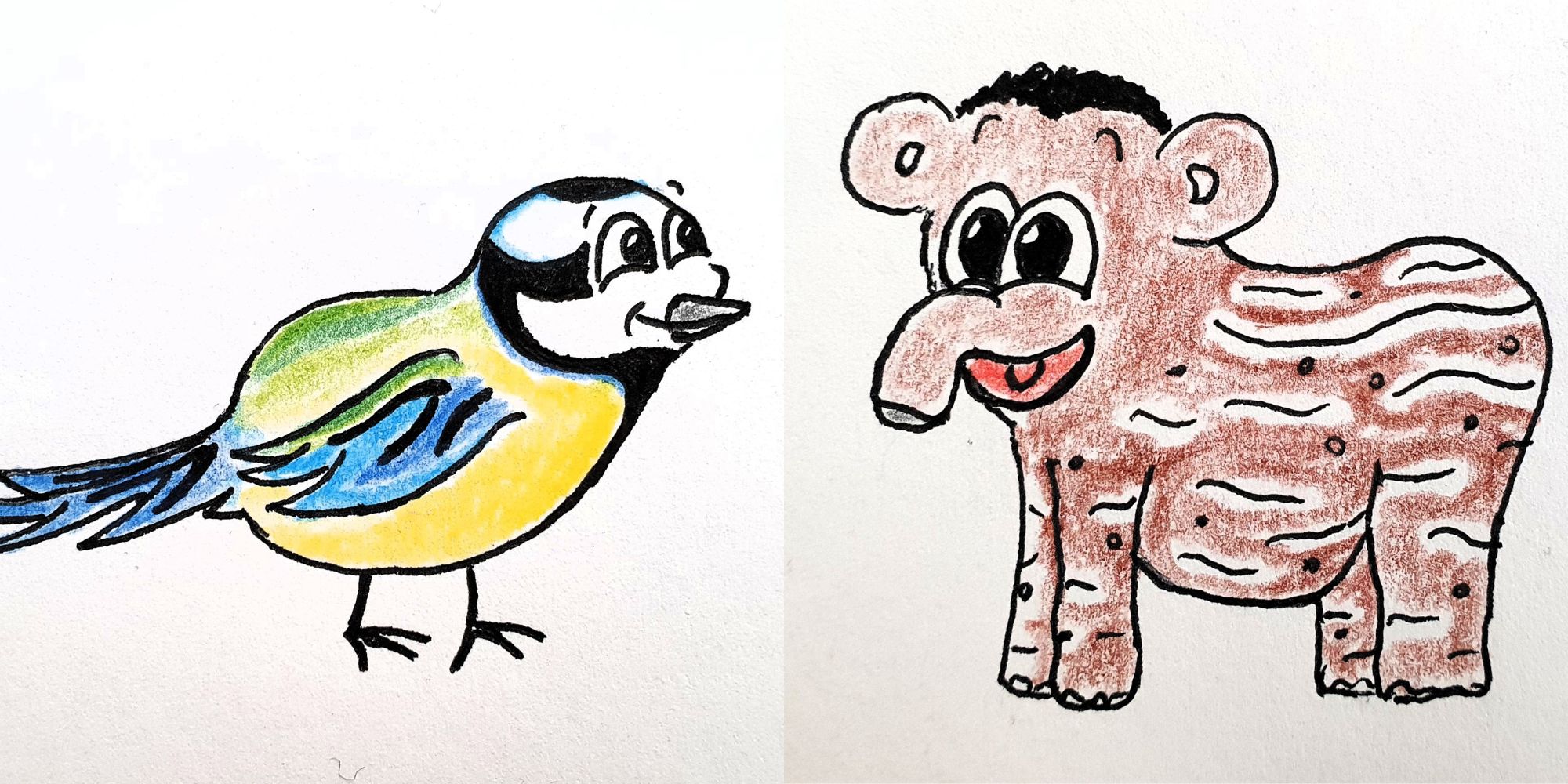 Eine gezeichnete Meise und ein gezeichnetes Tapir