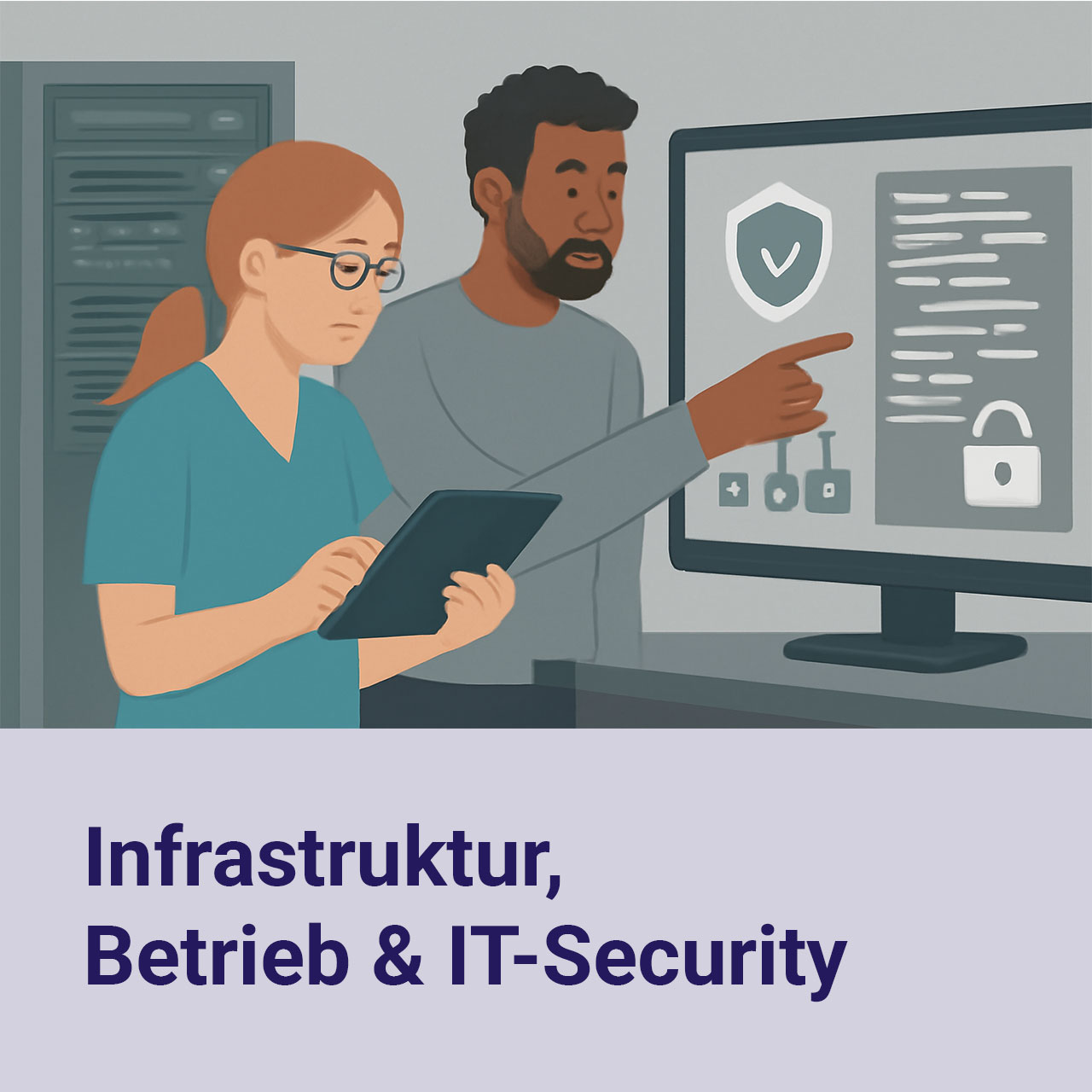 Illustration IT-Team für Infrastruktur, Betrieb und IT-Security analysiert Systeme im Gesundheitswesen