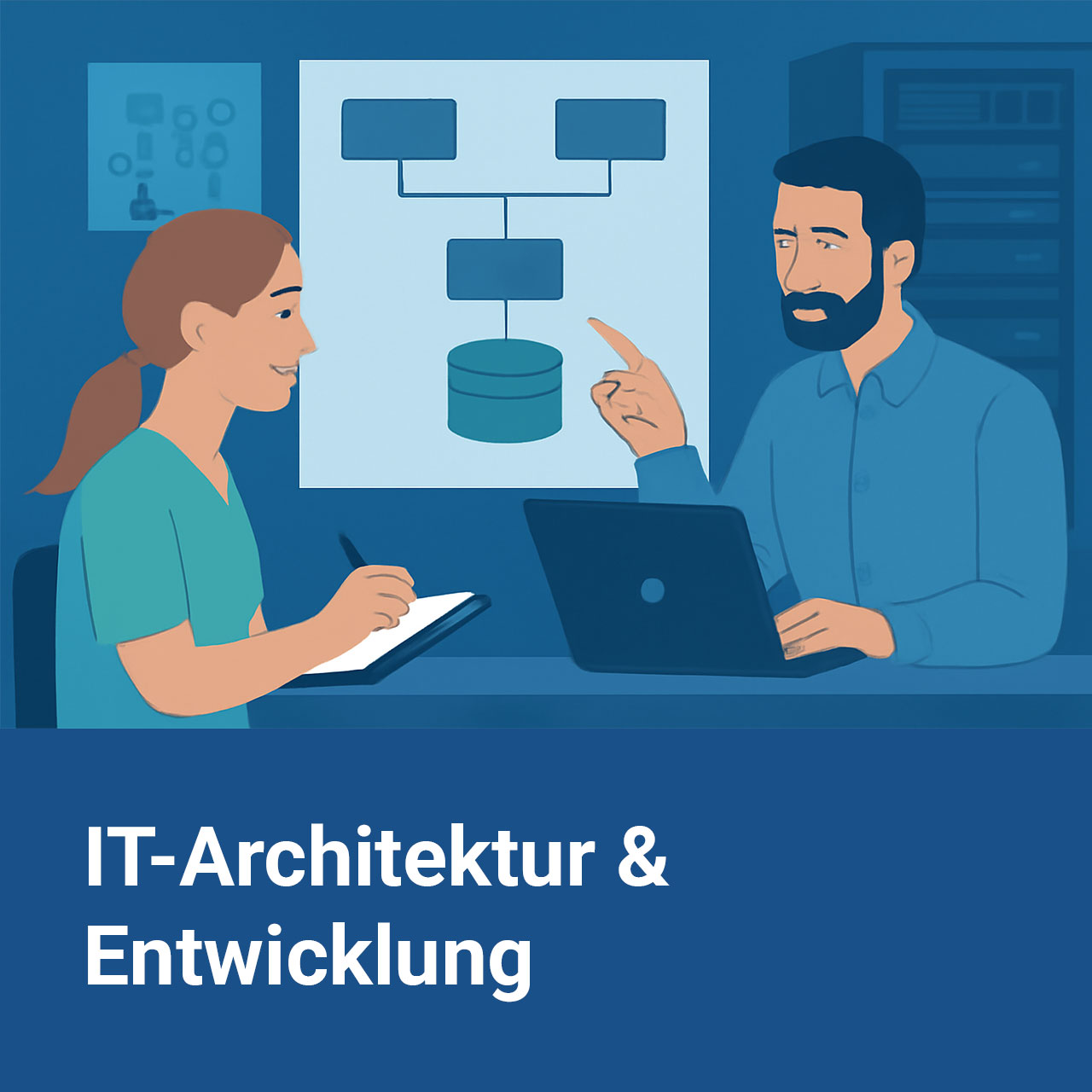 Illustration zu IT-Architektur- und Entwicklungsteam plant digitale Systeme im Gesundheitswesen