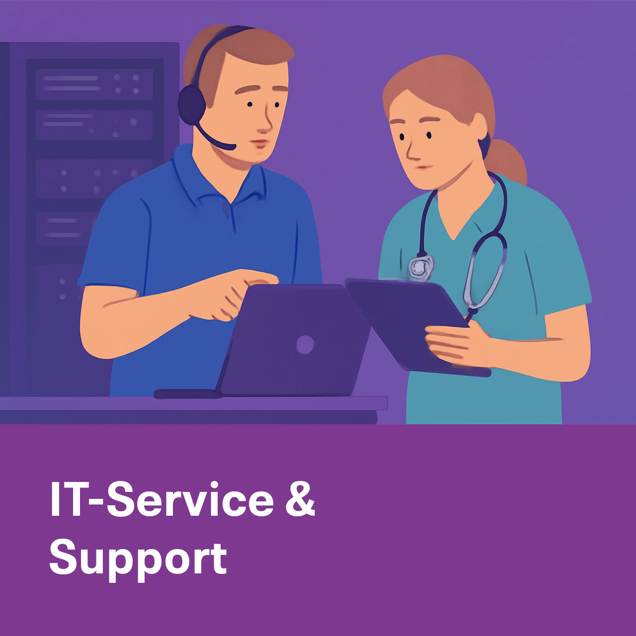 Illustration zu IT-Service- und Support-Team unterstützt Anwender im Gesundheitswesen mit digitaler Technik