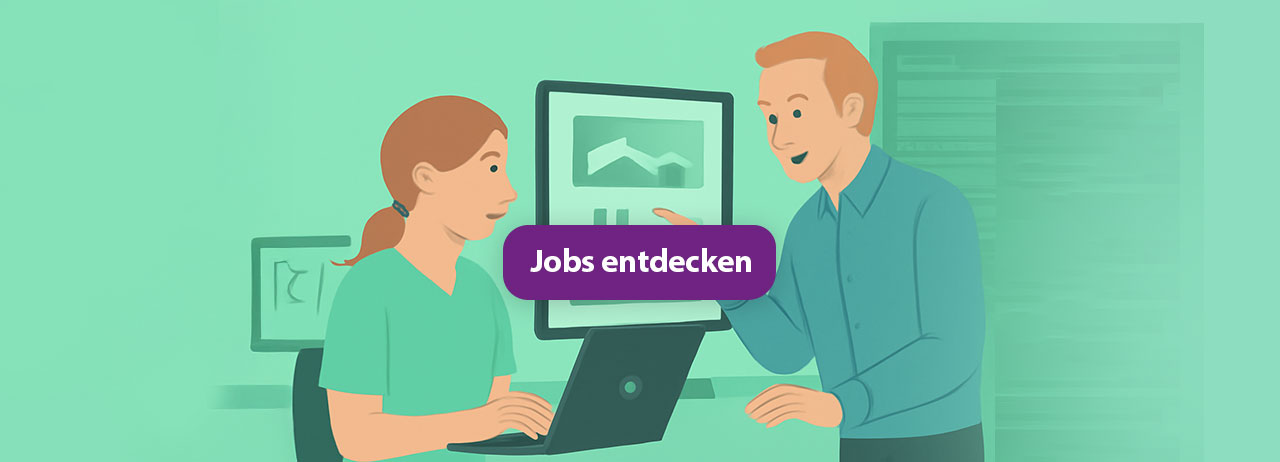 Illustration zweier Application Manager am Bildschirm, die Anwendungen besprechen – Application Management Jobs entdecken