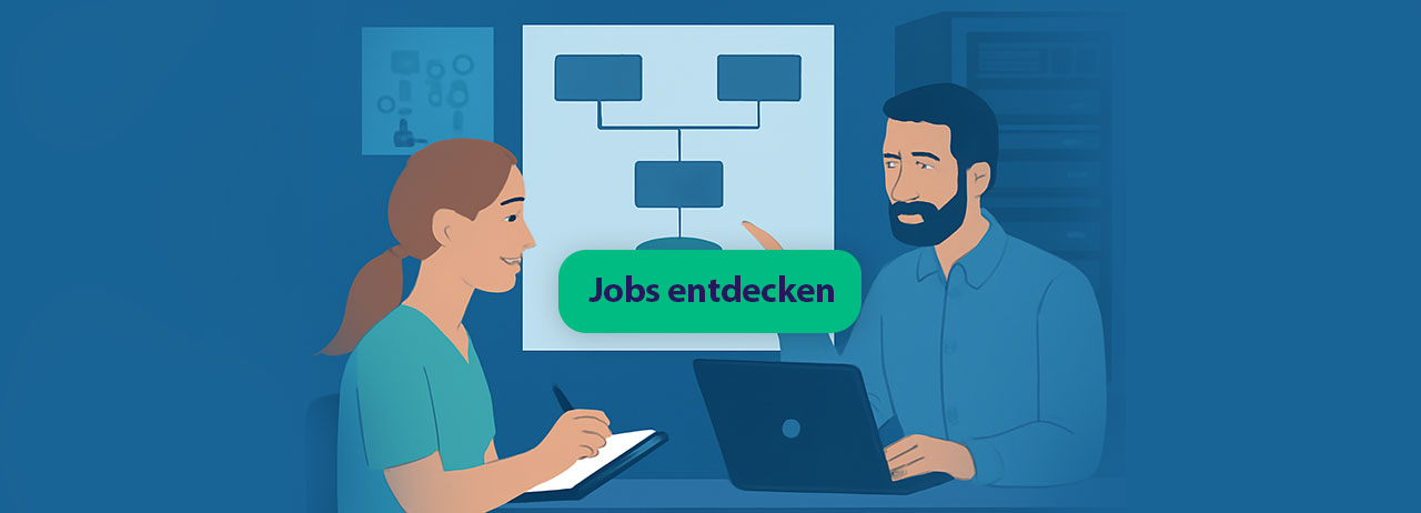 Illustration zweier IT-Architekt*innen bei Systemdesign – IT-Architektur Jobs mit Zukunft in moderner Arbeitsumgebung