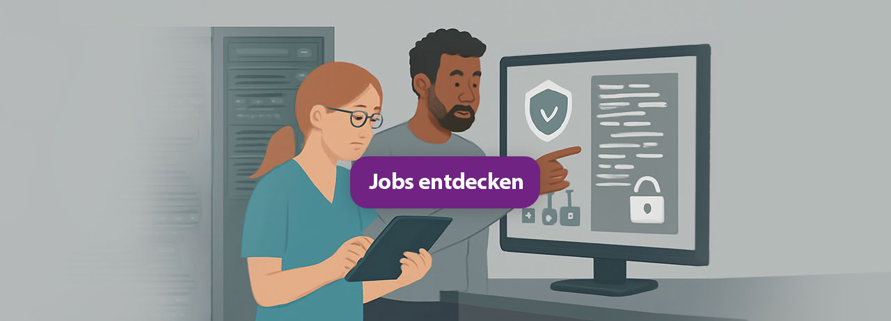 Infrastruktur, Betrieb & IT-Security Jobs Illustration IT-Fachkräfte überwachen Sicherheits- und Infrastruktur-Systeme – IT Security und Infrastruktur Jobs mit Verantwortung