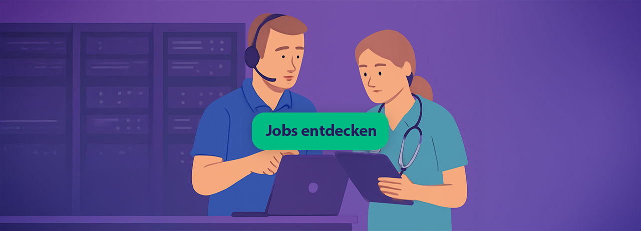 Jobs im Bereich IT-Service & Support Jobs entdecken Illustration zu IT-Service- und Support-Team unterstützt Anwender im Gesundheitswesen mit digitaler Technik